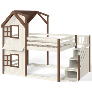 English Elm Full Over Playhouse Bunk Bed Solid Pine Frame with Storage Stairs and Kids Room Appeal W5305S00123