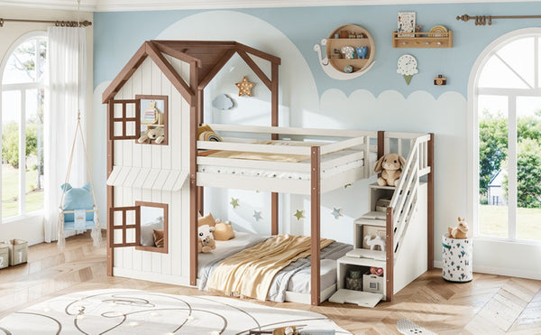English Elm Full Over Playhouse Bunk Bed Solid Pine Frame with Storage Stairs and Kids Room Appeal W5305S00123
