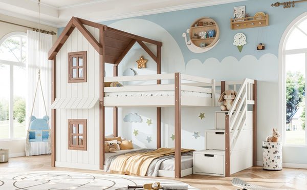 English Elm Full Over Playhouse Bunk Bed Solid Pine Frame with Storage Stairs and Kids Room Appeal W5305S00123