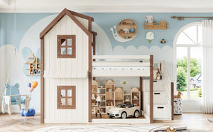 English Elm Full Over Playhouse Bunk Bed Solid Pine Frame with Storage Stairs and Kids Room Appeal W5305S00123