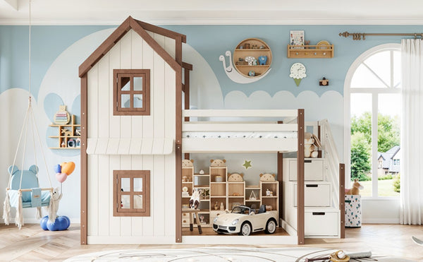 English Elm Full Over Playhouse Bunk Bed Solid Pine Frame with Storage Stairs and Kids Room Appeal W5305S00123