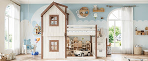 English Elm Full Over Playhouse Bunk Bed Solid Pine Frame with Storage Stairs and Kids Room Appeal W5305S00123