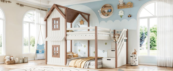 English Elm Full Over Playhouse Bunk Bed Solid Pine Frame with Storage Stairs and Kids Room Appeal W5305S00123