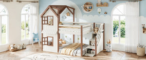 English Elm Full Over Playhouse Bunk Bed Solid Pine Frame with Storage Stairs and Kids Room Appeal W5305S00123