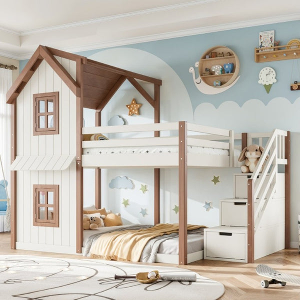English Elm Full Over Playhouse Bunk Bed Solid Pine Frame with Storage Stairs and Kids Room Appeal W5305S00123