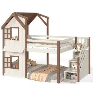 English Elm Full Over Playhouse Bunk Bed Solid Pine Frame with Storage Stairs and Kids Room Appeal W5305S00123