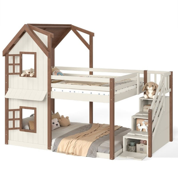 English Elm Full Over Playhouse Bunk Bed Solid Pine Frame with Storage Stairs and Kids Room Appeal W5305S00123