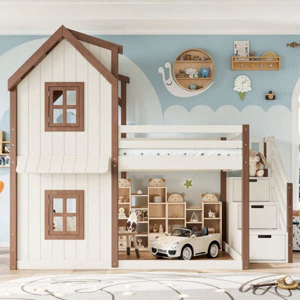 English Elm Full Over Playhouse Bunk Bed Solid Pine Frame with Storage Stairs and Kids Room Appeal W5305S00123