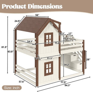 English Elm Full Over Playhouse Bunk Bed Solid Pine Frame with Storage Stairs and Kids Room Appeal W5305S00123