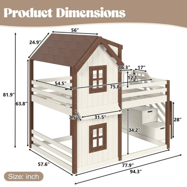 English Elm Full Over Playhouse Bunk Bed Solid Pine Frame with Storage Stairs and Kids Room Appeal W5305S00123