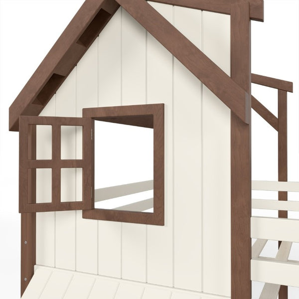 English Elm Full Over Playhouse Bunk Bed Solid Pine Frame with Storage Stairs and Kids Room Appeal W5305S00123