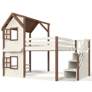 English Elm Full Over Playhouse Bunk Bed Solid Pine Frame with Storage Stairs and Kids Room Appeal W5305S00123
