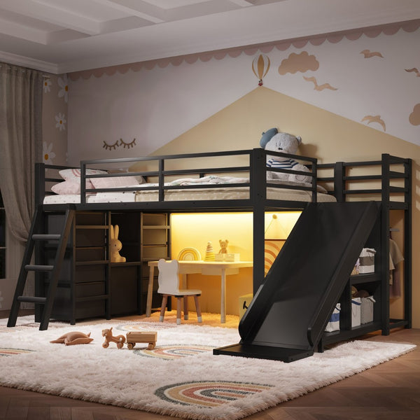 English Elm Twin Metal Loft Bed with Slide Ladder Storage Drawers Hanging Space for Kids Black W5305S00124