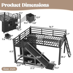 English Elm Twin Metal Loft Bed with Slide Ladder Storage Drawers Hanging Space for Kids Black W5305S00124
