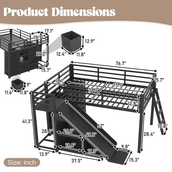 English Elm Twin Metal Loft Bed with Slide Ladder Storage Drawers Hanging Space for Kids Black W5305S00124