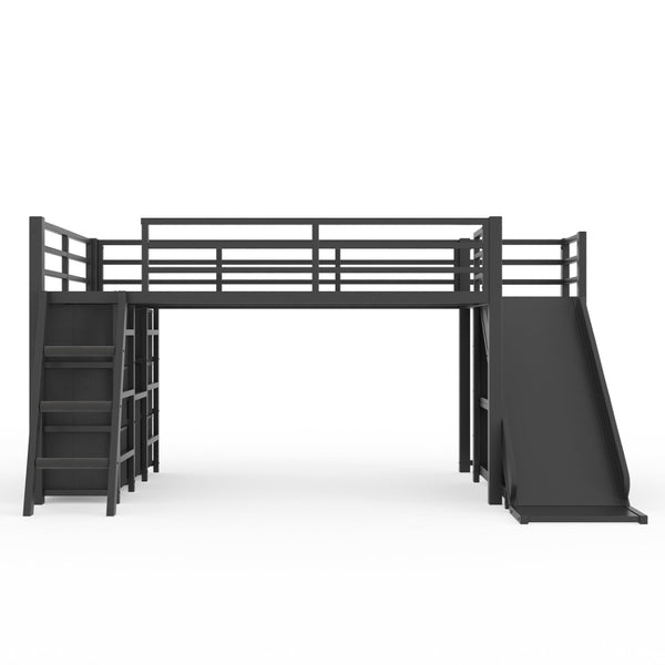 English Elm Twin Metal Loft Bed with Slide Ladder Storage Drawers Hanging Space for Kids Black W5305S00124