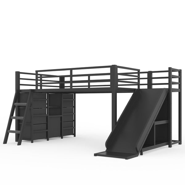 English Elm Twin Metal Loft Bed with Slide Ladder Storage Drawers Hanging Space for Kids Black W5305S00124