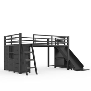 English Elm Twin Metal Loft Bed with Slide Ladder Storage Drawers Hanging Space for Kids Black W5305S00124