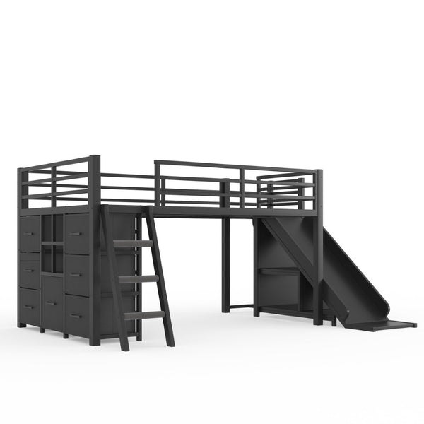 English Elm Twin Metal Loft Bed with Slide Ladder Storage Drawers Hanging Space for Kids Black W5305S00124