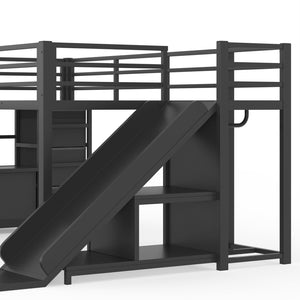 English Elm Twin Metal Loft Bed with Slide Ladder Storage Drawers Hanging Space for Kids Black W5305S00124