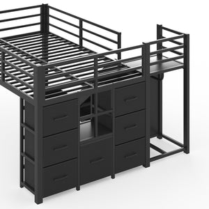 English Elm Twin Metal Loft Bed with Slide Ladder Storage Drawers Hanging Space for Kids Black W5305S00124