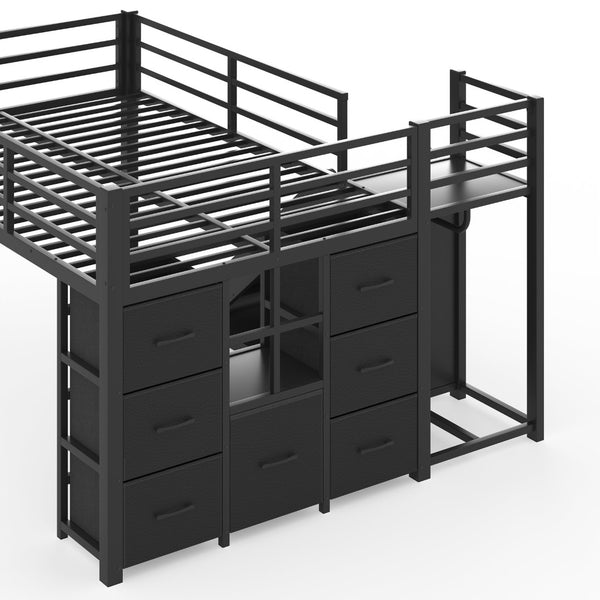 English Elm Twin Metal Loft Bed with Slide Ladder Storage Drawers Hanging Space for Kids Black W5305S00124