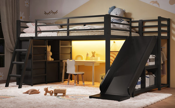 English Elm Twin Metal Loft Bed with Slide Ladder Storage Drawers Hanging Space for Kids Black W5305S00124