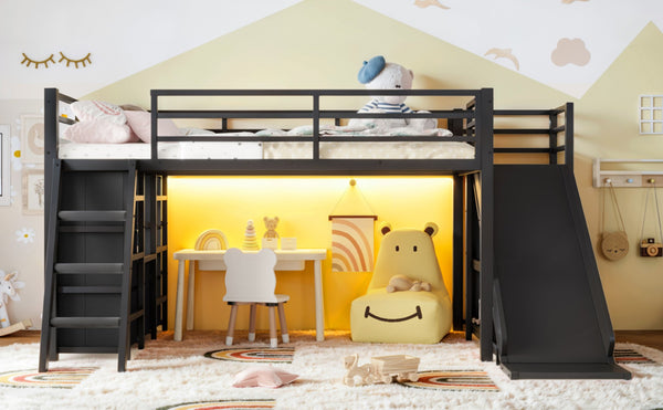 English Elm Twin Metal Loft Bed with Slide Ladder Storage Drawers Hanging Space for Kids Black W5305S00124