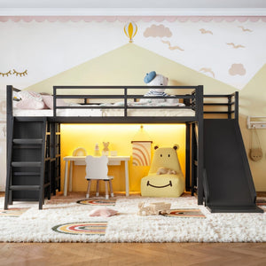 English Elm Twin Metal Loft Bed with Slide Ladder Storage Drawers Hanging Space for Kids Black W5305S00124