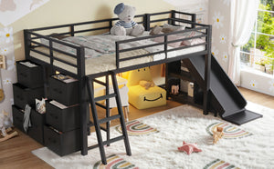 English Elm Twin Metal Loft Bed with Slide Ladder Storage Drawers Hanging Space for Kids Black W5305S00124