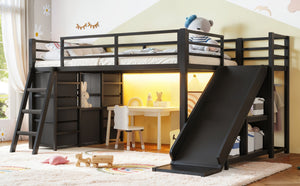 English Elm Twin Metal Loft Bed with Slide Ladder Storage Drawers Hanging Space for Kids Black W5305S00124