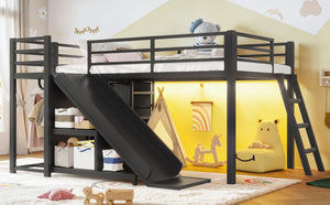 English Elm Twin Metal Loft Bed with Slide Ladder Storage Drawers Hanging Space for Kids Black W5305S00124