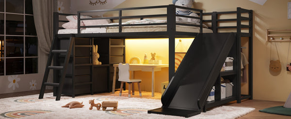 English Elm Twin Metal Loft Bed with Slide Ladder Storage Drawers Hanging Space for Kids Black W5305S00124