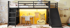 English Elm Twin Metal Loft Bed with Slide Ladder Storage Drawers Hanging Space for Kids Black W5305S00124