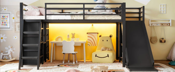 English Elm Twin Metal Loft Bed with Slide Ladder Storage Drawers Hanging Space for Kids Black W5305S00124
