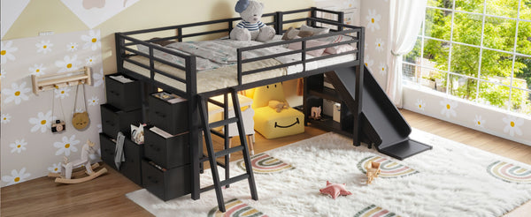 English Elm Twin Metal Loft Bed with Slide Ladder Storage Drawers Hanging Space for Kids Black W5305S00124