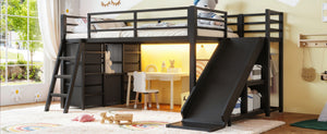 English Elm Twin Metal Loft Bed with Slide Ladder Storage Drawers Hanging Space for Kids Black W5305S00124