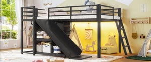 English Elm Twin Metal Loft Bed with Slide Ladder Storage Drawers Hanging Space for Kids Black W5305S00124