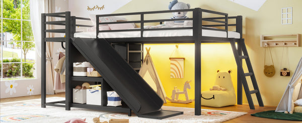 English Elm Twin Metal Loft Bed with Slide Ladder Storage Drawers Hanging Space for Kids Black W5305S00124