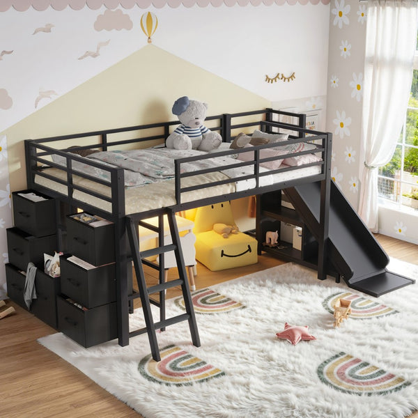 English Elm Twin Metal Loft Bed with Slide Ladder Storage Drawers Hanging Space for Kids Black W5305S00124
