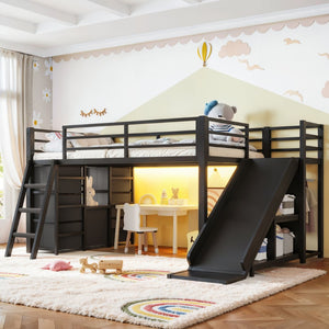 English Elm Twin Metal Loft Bed with Slide Ladder Storage Drawers Hanging Space for Kids Black W5305S00124