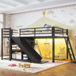 English Elm Twin Metal Loft Bed with Slide Ladder Storage Drawers Hanging Space for Kids Black W5305S00124