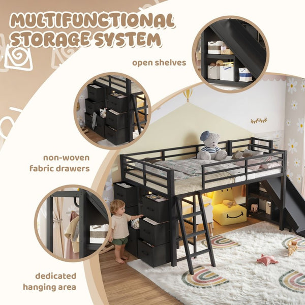 English Elm Twin Metal Loft Bed with Slide Ladder Storage Drawers Hanging Space for Kids Black W5305S00124
