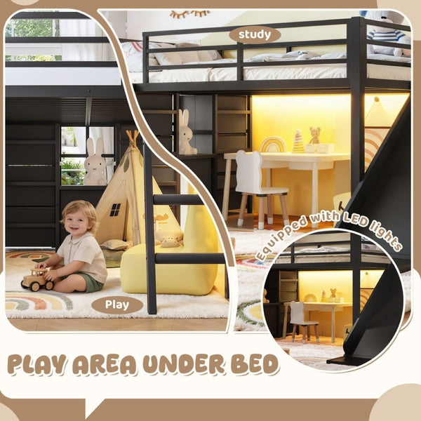English Elm Twin Metal Loft Bed with Slide Ladder Storage Drawers Hanging Space for Kids Black W5305S00124