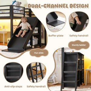 English Elm Twin Metal Loft Bed with Slide Ladder Storage Drawers Hanging Space for Kids Black W5305S00124