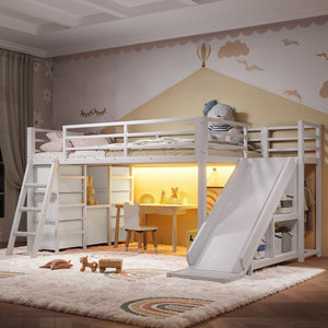 English Elm Twin Metal Loft Bed with Slide Ladder Storage Drawers Hanging Space for Kids Antique White W5305S00125