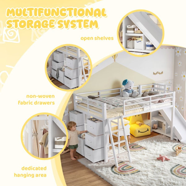 English Elm Twin Metal Loft Bed with Slide Ladder Storage Drawers Hanging Space for Kids Antique White W5305S00125
