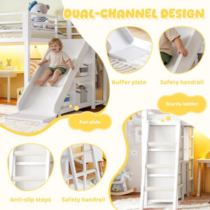 English Elm Twin Metal Loft Bed with Slide Ladder Storage Drawers Hanging Space for Kids Antique White W5305S00125