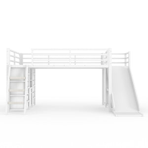 English Elm Twin Metal Loft Bed with Slide Ladder Storage Drawers Hanging Space for Kids Antique White W5305S00125
