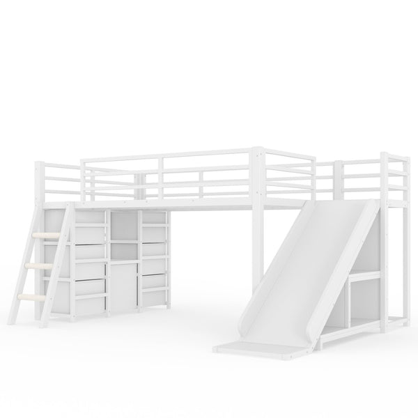 English Elm Twin Metal Loft Bed with Slide Ladder Storage Drawers Hanging Space for Kids Antique White W5305S00125